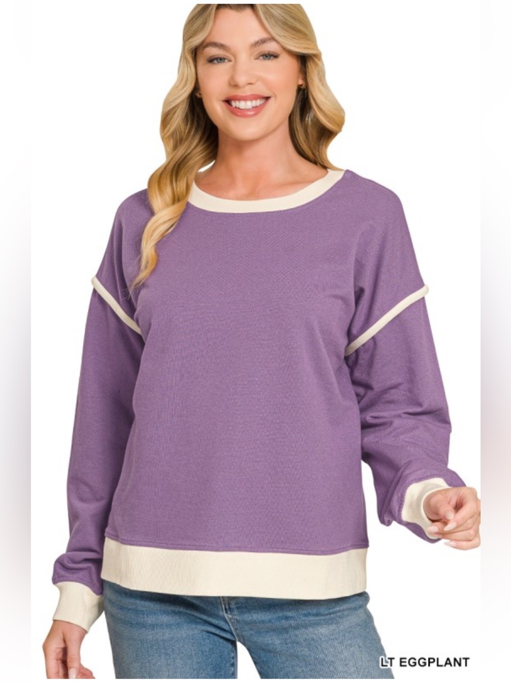 Zenana Light Eggplant purple French Terry Cotton Long Sleeve Pullover Top